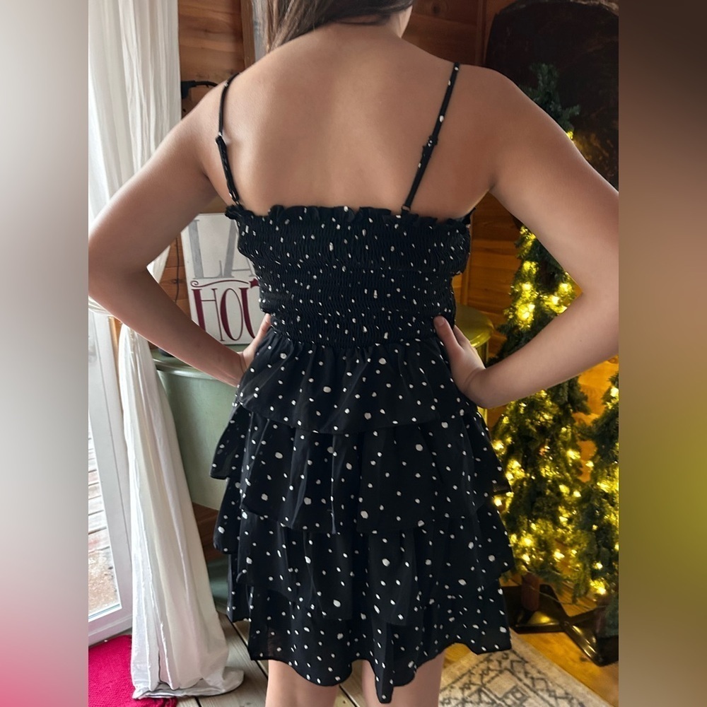 She and Sky black dress adorned with delicate white polka dots, size M - Picture 5 of 11